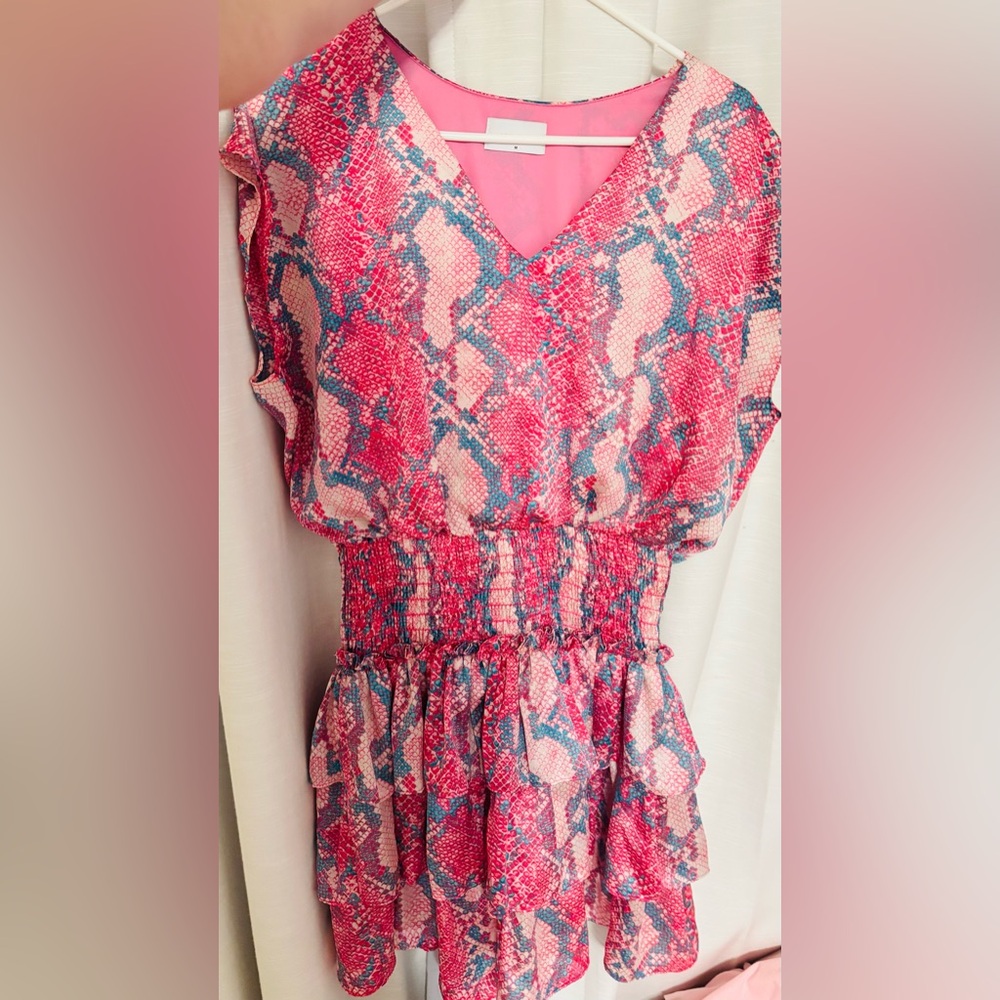 Pink Snake-Print V-Neck Smocked Waist Women's Top